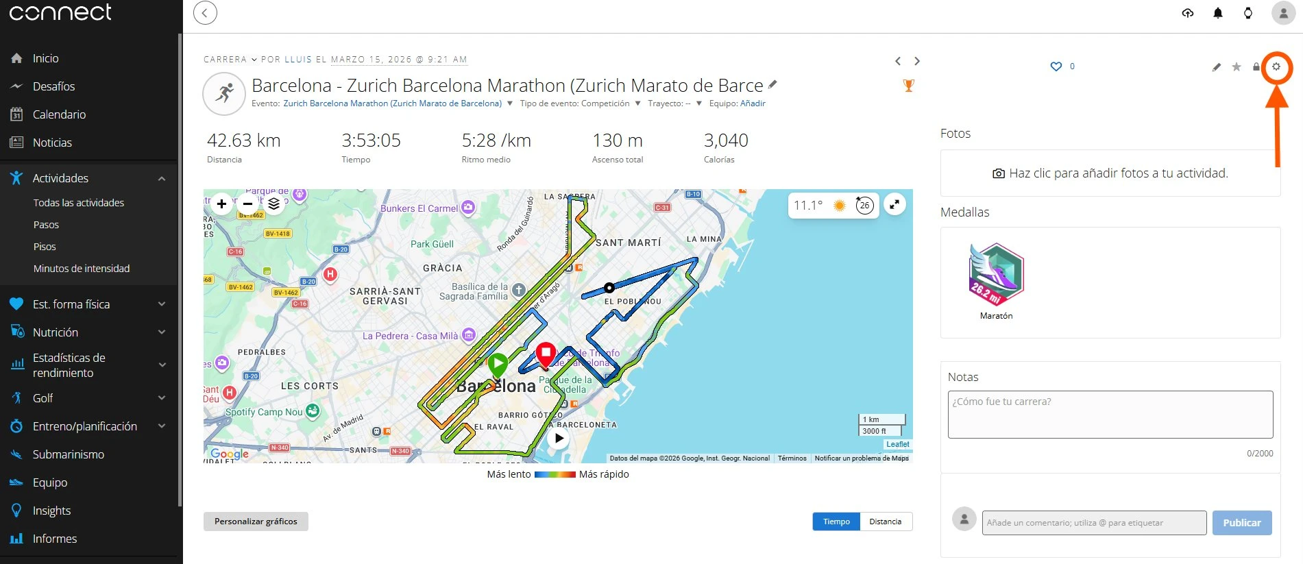 Abrir actividad en Garmin Connect para exportar GPX