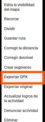 Opción exportar GPX en Strava